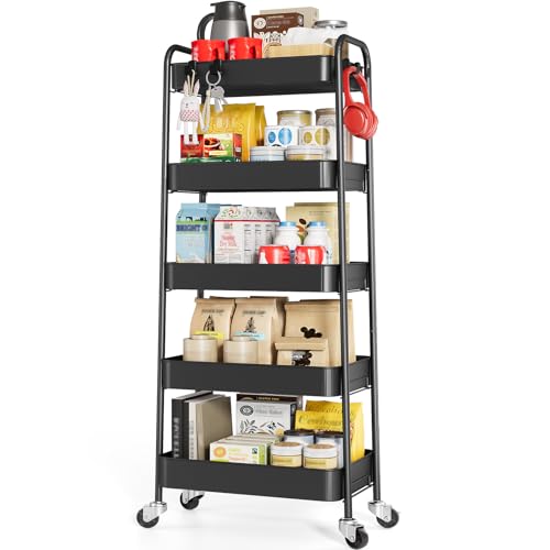 TOOLF 5-Tier Metal Rolling Cart with Wheels, Storage Utility Cart Black - color: Black, size: 5-Tier