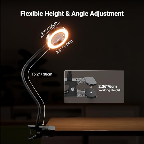 NEEWER Entry Level Version 10X Magnifying Glass with Light/Clamp Stand, 3.7" Bi Color Dimmable Magnifier Lamp Clip on Small LED Ring Light, 3 CRI80+ for Desk Crafting Reading Close up Work, N34 - style: N34