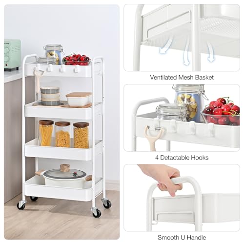 TOOLF 4 Tier Metal Rolling Cart, Utility Storage Cart with Wheels, White - color: White, size: 4-Tier