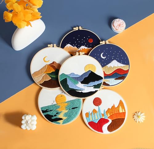 GLTAYLMY 3 Set Landscape Embroidery Kits for Beginners with Mountain Sun Moon Pattern,Adults Starter Cross Stitch Kit DIY Needlepoint Kits - color: Landscaping2
