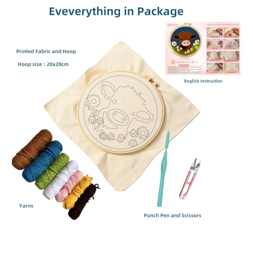 DIY Punch Needle Kits Highland Cow with Daisy Flower with Hoop 20x20cm-1 - color: 01-Highland Cow