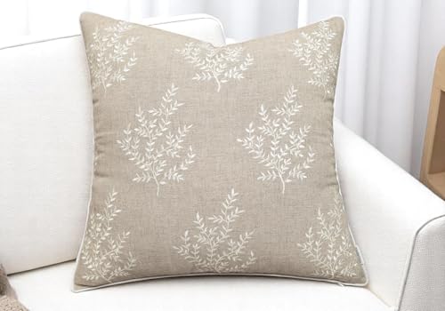 VAGMINE Embroidered Fern Leaf 20x20 Throw Pillow Cover, Natural - color: Natural-leaves, size: 20" x 20" (Pack of 1)