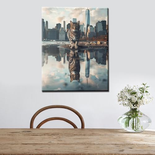 Paint by Numbers Kits DIY Reflection of Animals in Water Acrylic Watercolor Pigment Cat or Lion Oil Paintings Kits Adult Beginner Kids Canvas Artwork Home Living Room Decor 16''W x 20''H（Manual Frame） - color: Art-09, size: 16''Wx20''H(DIY Frame)
