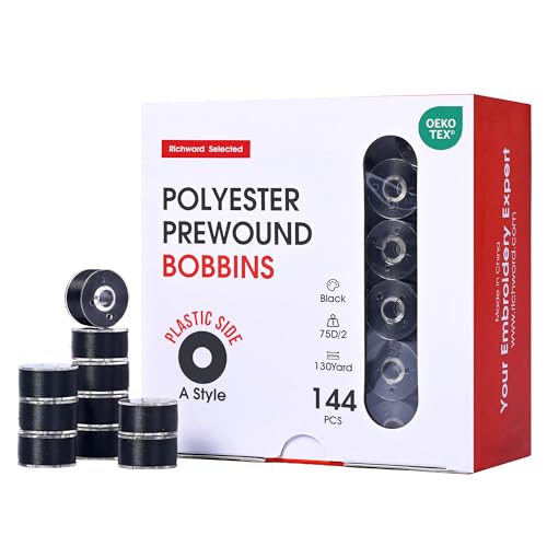 Poolin Prewound Bobbins Richword Selected 144pcs, Size A (Class 15 / SA156), 75D Polyester Bobbin Thread, Plastic Sided, for Single Needle Embroidery & Sewing Machines, Black - color: Black 144pcs