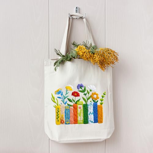 Louise Maelys Book and Flowers Embroidery Kit Canvas Tote Bag for Beginners - color: books flowers