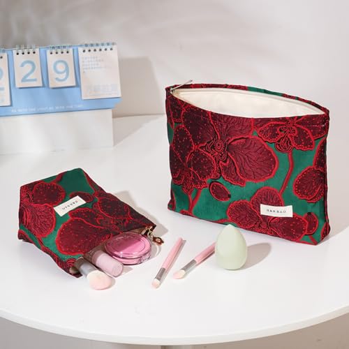 Elegant Red Floral Jacquard Cosmetic Bag Travel Makeup Pouch Organizer - color: Elegant Red Flower