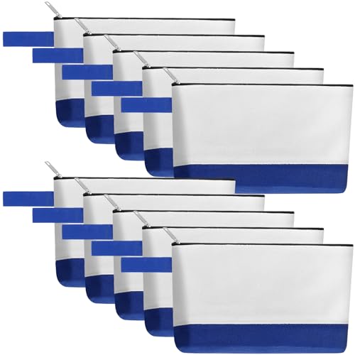 10 Pieces Cotton Canvas Makeup Bag with Bottom and Strap, Multi-Purpose Cosmetic Bag with Zipper Travel Toiletry Pouch, Blank DIY Craft Bag (White&Blue, S) - color: White&Blue, size: S