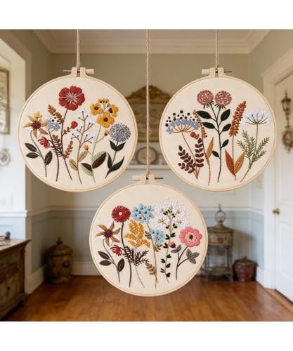 ELTONGUU Beginner Embroidery Kit for Adults, Easy to Learn Floral Patterns - color: Brown-Flower