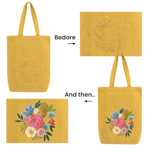CREAWONDER Canvas Tote Bag Embroidery Kit with Pattern for Beginners, Arts and DIY Embroidery Crafts Kits for Adults, Include Instructions, Embroidery Hoops, Color Threads and Tool - color: CR002 qingqingziyan yellow