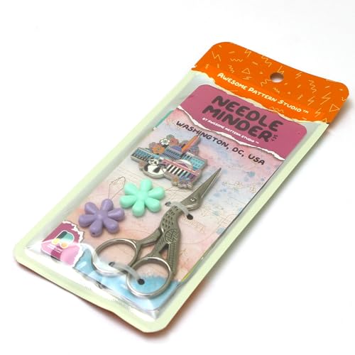 Awesome Pattern Studio Needle Minder Set – Washington Magnetic Needle Minder + 2 Needle Threaders + Crane Scissors. Enamel Pin for Cross Stitch, Embroidery and Craft - size: Washington Set #2