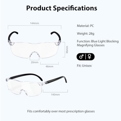 1 Pack 160% Magnifying Glasses for Close Work – Lightweight Hands-Free Magnifier for Reading, Sewing & Crafts, Fits Over Prescription Glasses