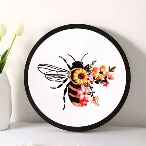 Esffaci Embroidery Starter Kit for Adult Beginner with Bee Pattern Hand Embroidery Set with Embroidery Cloth Hoop Needle Threader Embroidery Floss and Instruction - color: Bee A