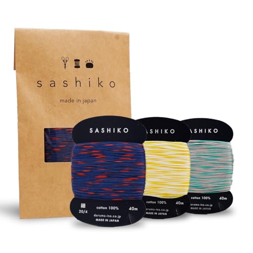 DARUMA Sashiko Thread Card Rolls Set of 3 (43.7 Yards x3) - Sewing & Embroidery, Includes Instruction Manual and Gift Packaging (Thin, Two-Tone Kasuri Yarn) - color: Two-Tone Kasuri Yarn, style: Thin