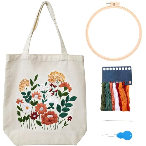 MAMUNU Canvas Tote Bag Embroidery Kit with Pattern for Beginners, Arts and DIY Crafts Kits for Adults, Include Instructions Embroidery Bag, Embroidery Hoops, Color Threads and Tool - color: Beige