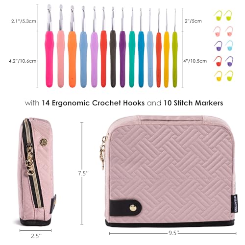 MYBAGZING Ergonomic Crochet Hook Set with Case 14 Sizes 2mm-10mmCrochet Kit - color: Pink, size: Case (14 Crochet Hooks)