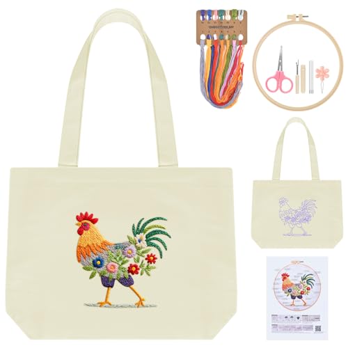 ERKOON Canvas Tote Bag Embroidery Kit for Beginners, Floral Arts Crafts Cross Stitch Kits for Adults Including Stamped Embroidery Bag with Hoops, Needle, Instruction and Color Threads (Rooster) - color: Rooster