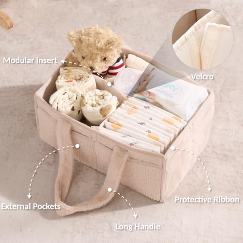 luxury little Soft Baby Diaper Caddy Organizer, Nursery Storage Basket with Removable Divider, Portable Baby Diapers Basket, Gifts for New Parent, Baby Shower, Newborn Must-Have Essentials, Ivory - color: Ivory