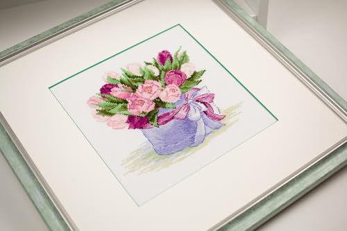 RIOLIS - Tulips Hat Box 2003, Floral Cross Stitch Kits 7¾"x7¾, Cross Stitch Kits for Beginners & Advanced, Crossstitching Kits Adult, Counted Stitching Kits, Flowers Embroidery Kit - style: Tulips Hat Box 2003