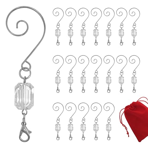 Clear Ornament Hooks Set of 20, Silver Swivel Wire Hangers with Acrylic Gem, 3 Inch Decorative Christmas Ornament Hangers for Tree Decorations, Holiday Display, Gift Tags, Keepsakes & Window Decor