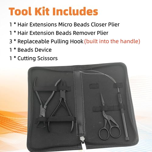 Hair Extension Beading Tool Kit Hair Extensions Micro Link Bead Closer and Remover Pliers and Cutting Scissors Set, Link Micro Ring Loop Needle Pulling Hook Threader Wire for Silicone Rings(Black)