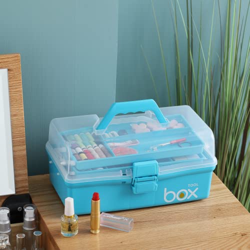 Kinsorcai 12'' Three-Layer Clear Art Box Organizer, Multipurpose Plastic Craft Box with Handle (Blue) - color: blue, size: 1PCS