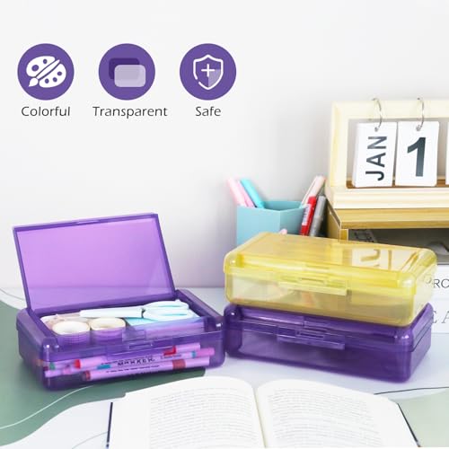 Double Layer Plastic Clear Hard Colored Pencil Box Case Pen Crayon Box - color: Pink