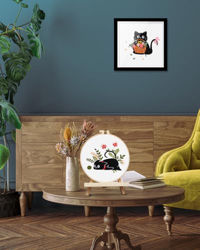 TINDTOP 2 Pack Embroidery Kit for Adult Beginners, Embroidery DIY Starter Kit, with Black Cat and Flowers Stamped Patterns, Hoop, Tools, Colorful Threads with Needles, Instructions - color: Black Cat