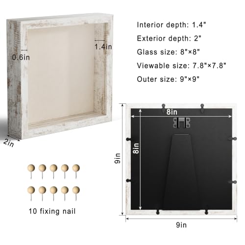 8x8 Shadow Box Picture Frame Display Case with Soft Linen Back, Distressed White Wooden Memory Shadow Box Frame with Tempered Glass Cover for Wall or Tabletop Display - color: Distressed White, size: 8x8