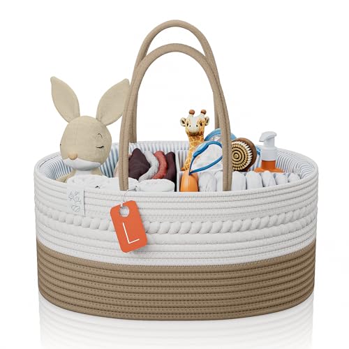 KiddyCare Woven Diaper Caddy Organizer, Large Gray Multi Functional Portable Baby Basket with Handle, Baby Gift for Boy/Girl Nursery Storage, Organization, and Modern Car Diaper Caddy Natural Large - color: Natural, size: Large