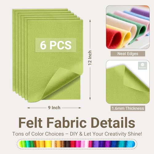 Apple Green Soft Felt Sheets for Crafts, 9" x 12", 1.6mm Thick, 6 Pcs - color: Apple Green