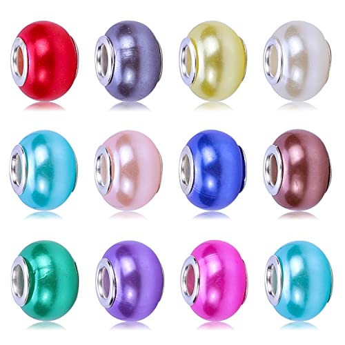 100 Pieces 14mm European Large Hole Spacer Beads Mix Color with Silver Brass Cores Assortments Charm Lampwork Beads Supplies for Necklace Bracelets Jewelry Making (Imitation Pearls) - color: Imitation Pearls