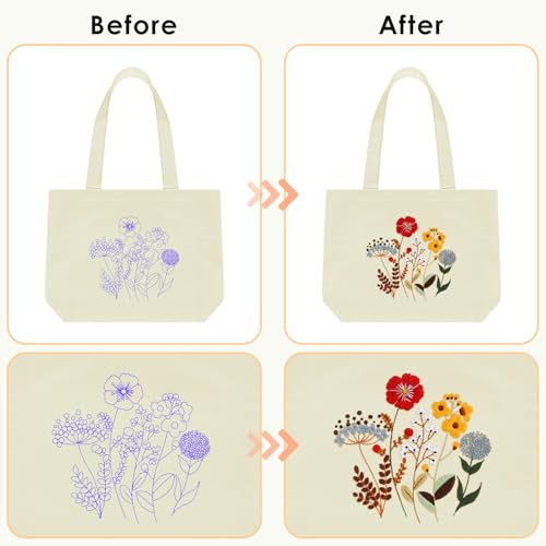 ERKOON Canvas Tote Bag Embroidery Kit for Beginners, Floral Arts Crafts Cross Stitch Kits for Adults Including Stamped Embroidery Bag with Hoops, Needle, Instruction and Color Threads (Flower) - color: Flower-White2