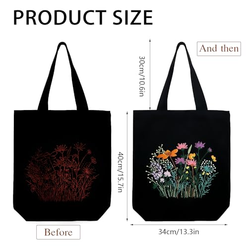 Canvas Tote Bag Embroidery Kit with Pattern, Beginner Embroidery Kits for Adults, Arts and DIY Crafts Embroidery Starter kit, Include Stamped Embroidery Bag, Embroidery Hoops, Color Threads and Tool. - color: Black With Floral