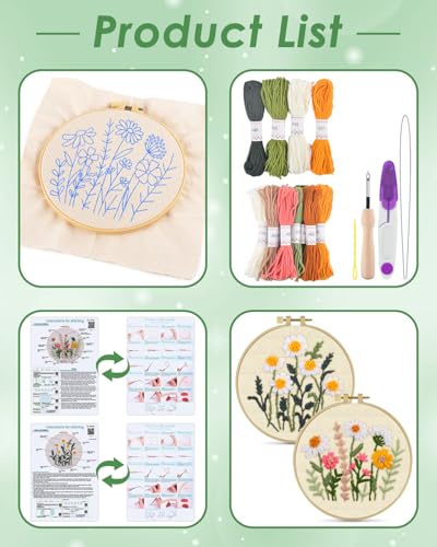 ERKOON Punch Needle Kit Adults Beginners, 2 Pcs DIY Easy Flower Embroidery Set for Starter Art Craft, Needling Punching Project with Patterns, Tools, Yarns, Hoop, Instruction (Daisies) - color: Daisies