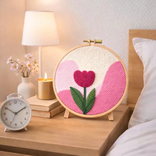 CELCRAFTIQUE Punch Needle Kits for Adults Beginner, Tool with Punch Needle Fabric, Hoops, Yarns and Sewing Needles (Blush Tulip) - color: Blush Tulip