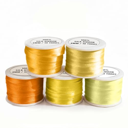 Yellow Orange Tones 4mm 100% Pure Silk Ribbon, 5 Spools (10 Meters Each) - size: 4 MM