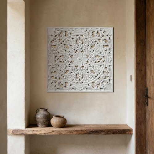 XIAOAIKA Boho Carved Wood Wall Art Panel, Floral Mandala, Distressed White - color: Distressed White