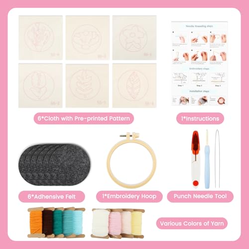 6 Pcs Punch Needle Coaster Kit for Adults Beginner, Plant Floral Punch Needle Embroidery Kit with Yarns, Hoop, Threader, Felt Cloths, Instruction, Coaster Making Supplies for Home Decor, Gift Making