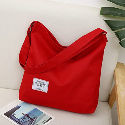 Covelin Women's Retro Large Size Canvas Shoulder Bag Hobo Crossbody Handbag Casual Tote - color: Red