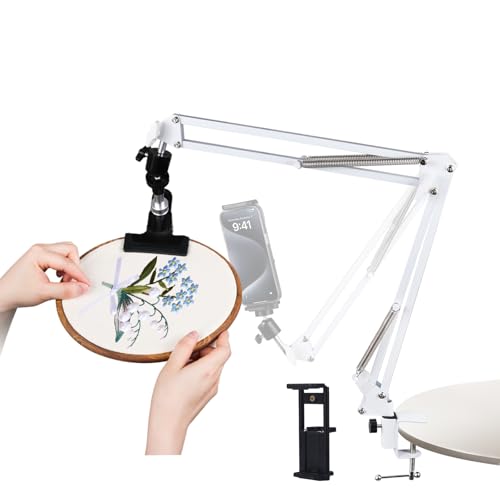 Adjustable Embroidery Hoops Stand for Hand Work,Cross Stitch Frame with 360° Rotation,Needlework Frame, Embroidery Stand Suitable for Embroidery Kit,3-in-1 Hoop/Tablet/Phone Holder Desk Stand,White - style: 1PC-White