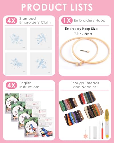 TINDTOP Embroidery Kit for Adults, Flowers and Bird Embroidery Practice Kits for Beginners Adults Include Embroidery Cloth Hoops Threads for Craft Lover Hand Stitch - color: Bird 4 Sets