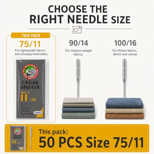 50 PCS Embroidery Sewing Machine Needles for Brother Size 75/11 130/705H HAx1 Sewing Needles for Brother Sewing Machine (5 Pack of 10 Needles) - style: 50pcs- 75/11