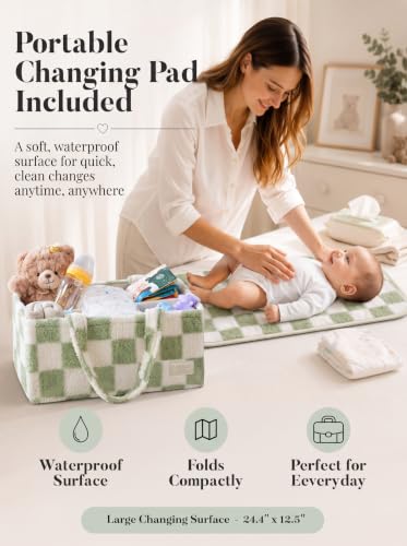Baby Diaper Caddy Organizer with Waterproof Changing Pad, Checkered Green - color: 6/ Checkered Green Diaper Caddy with changing pad