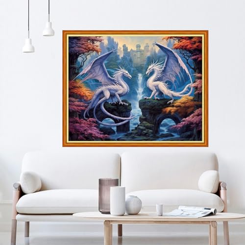 Dooxvey Cross Stitch Kits for Adults Beginners - Full Range of Stamped Kits - 11CT Cross Stitch Patterns - Two Dragon Waterfalls - 16x20 inch - color: Artpattern18