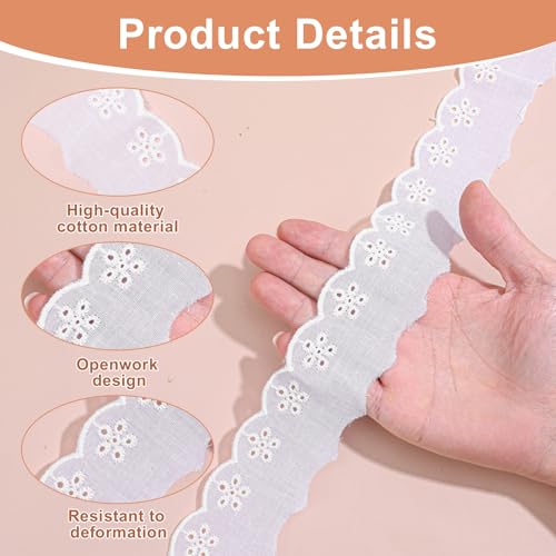 15 Yards Eyelet Lace Trim, 1-5/8 Inch White Cotton lace Trim, Floral Embroidery Ruffle Ribbon with Wavy Edge for Sewing Dresses Clothes Bags Pets DIY Projects