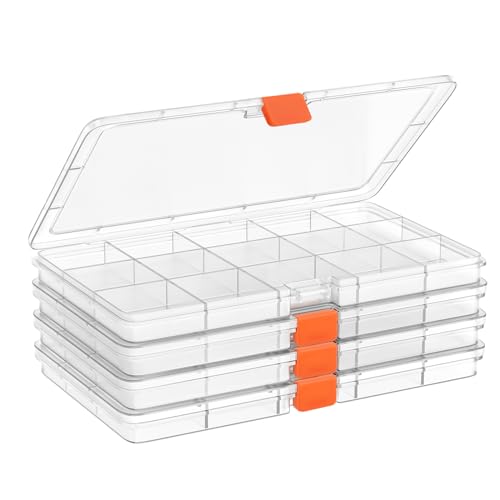 Moon Magpie 4PACK Extra Thick Bead Organizers and Storage Box, 15 Grid Mini Clear Jewelry Making Storage Solutions Plastic Organizer Case Craft Containers for Nail Rhinestones DIY Diamond Accessories - size: 4P-FixedGrid