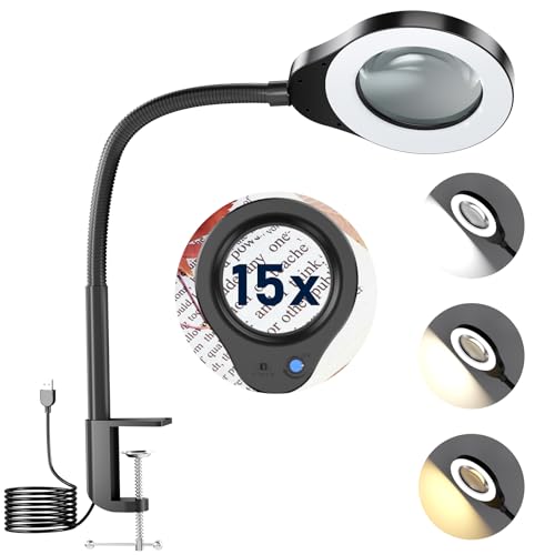 15X Magnifying Glass with Light and Stand, 5 Color Modes Stepless Dimmable LED Lighted Desk Lamp, 84 LED Magnifying Lamp Hands Free Flexible Gooseneck Magnifier for Repair Crafts Hobby Sewing - size: 15X MagnifyingA