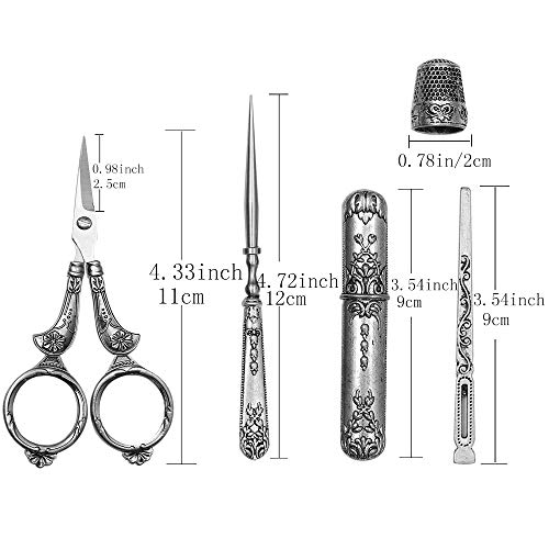 BUTUZE Embroidery Scissors Kit, European Antique Vintage Sewing Kit, Complete Vintage Sewing Tools with Embroidery Scissors, Original Case, Sewing Needle Case, Awl for Sewing, Craft, Needlework - color: Silver