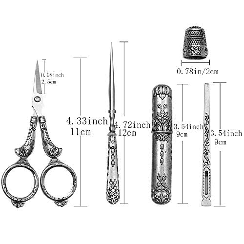 BUTUZE Embroidery Scissors Kit, European Antique Vintage Sewing Kit, Complete Vintage Sewing Tools with Embroidery Scissors, Original Case, Sewing Needle Case, Awl for Sewing, Craft, Needlework - color: Silver