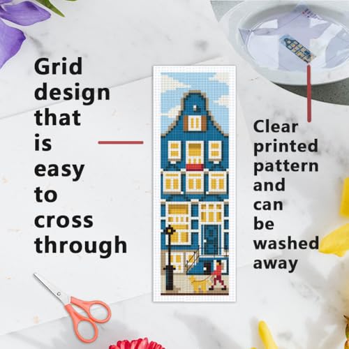 INFUNLY 6 Set DIY Cross Stitch Bookmark Kit Building House Cross Stitch Kits 8"x2.4" Pre-Printed Architectural Stamped Embroidery Bookmark Kit with Instructions for Beginners Book Lovers Adults Gift - style: 6pcs Building House